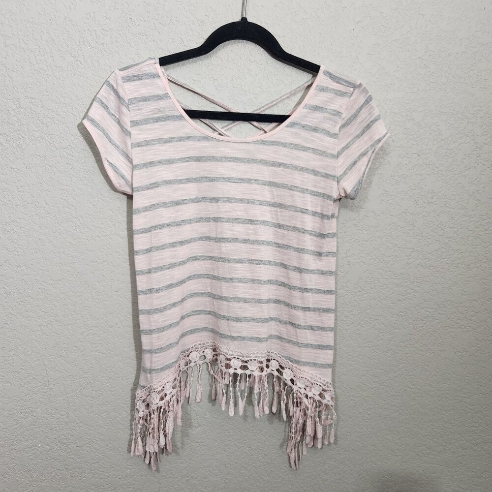 Roommates Top Small Pink & Gray Striped Crochet Fringe Crisscross Fairy Festival